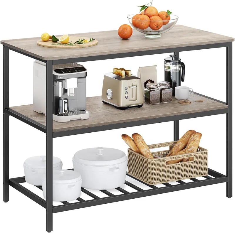 VASAGLE Kitchen Island with 3 Shelves, 47.2 Inches Kitchen Shelf with Large Worktop, Stable Steel Structure, Industrial, Easy to Assemble, Greige and Black