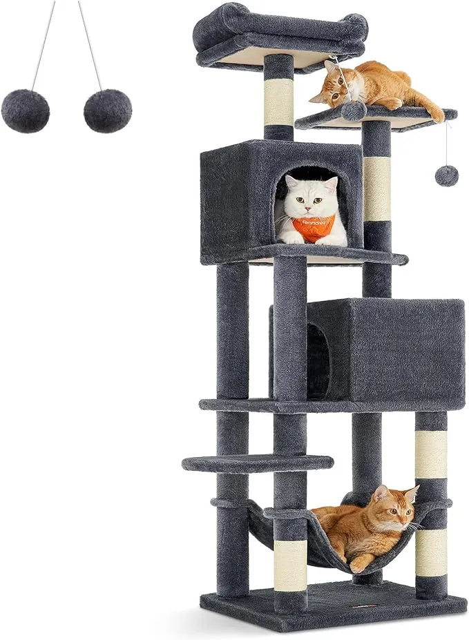 Feandrea Cat Tree, 61-Inch Cat Tower for Indoor Cats, Plush Multi-Level Cat Condo with 5 Scratching Posts, 2 Perches, 2 Caves, Hammock