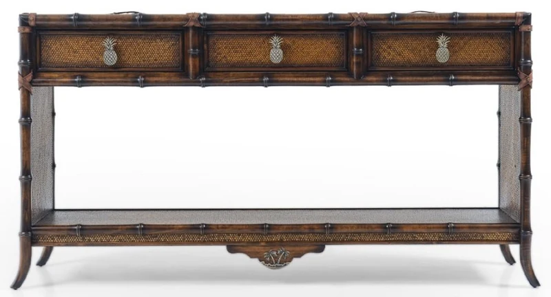 Casa Padrino Luxus Vintage Stil Konsole Braun 184 x 39 x H. 88 cm - Massivholz Konsolentisch mit 3 Schubladen - Massivholz Möbel - Vintage Stil Möbel - Luxus Möbel