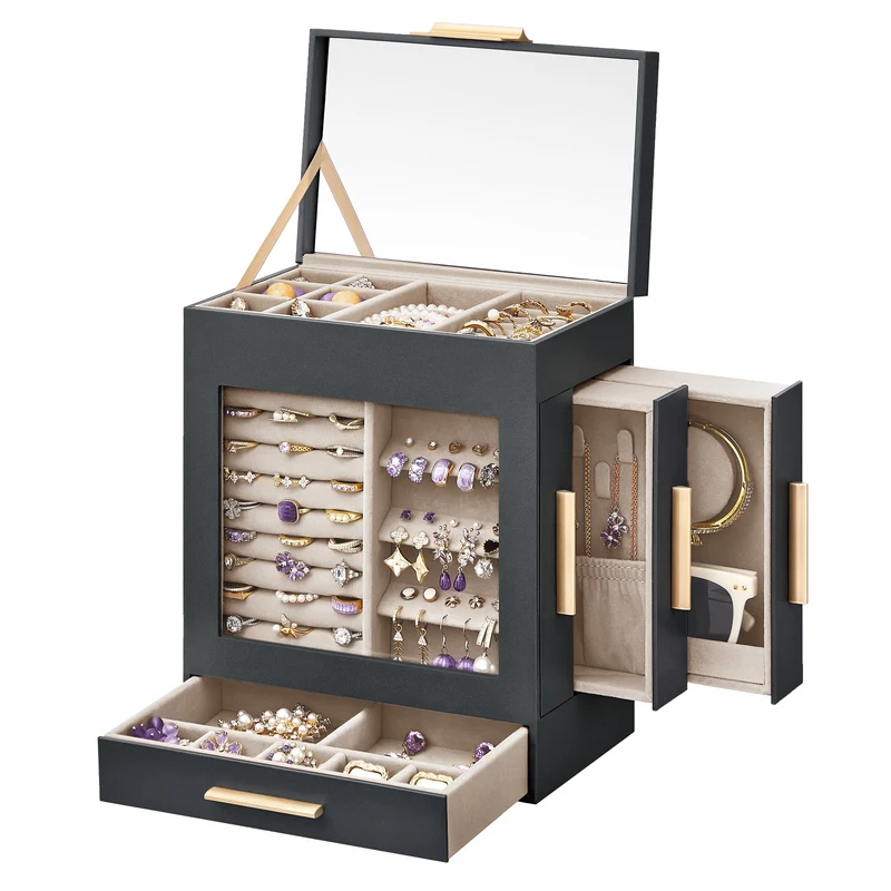 SONGMICS 5-Tier Jewelry Box with Glass Window Jewelry Storage Organizer with 3 Side Drawers & Big Mirror Slate Gray and Metallic Gold
