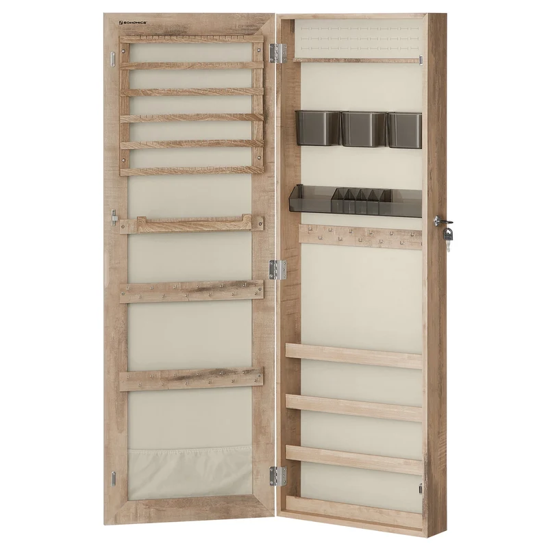 SONGMICS Jewelry Cabinet Lockable Wall-Mounted Jewelry Organizer Armoire Unit with 2 Plastic Cosmetic Storage Trays Full-Length Frameless Mirror Toasted Oak Color