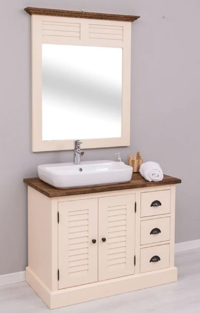 Casa Padrino Landhausstil Badezimmer Set Beige / Dunkelbraun - 1 Landhausstil Waschtisch mit Waschbecken und Armatur & 1 Landhausstil Wandspiegel - Badezimmer Möbel im Landhausstil