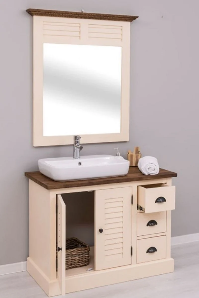 Casa Padrino Landhausstil Badezimmer Set Beige / Dunkelbraun - 1 Landhausstil Waschtisch mit Waschbecken und Armatur & 1 Landhausstil Wandspiegel - Badezimmer Möbel im Landhausstil