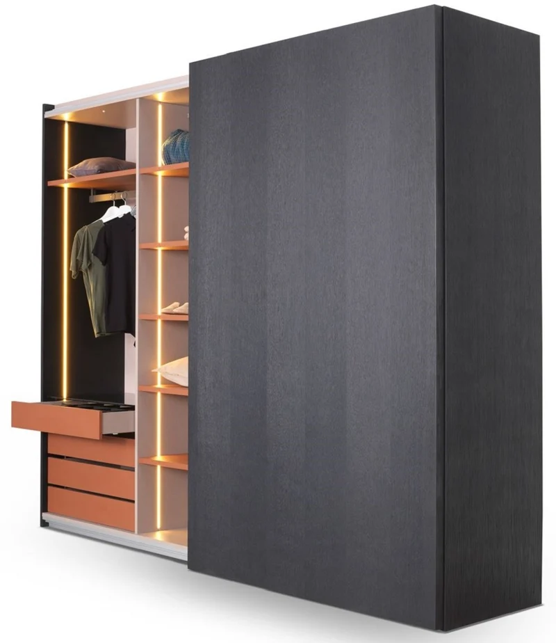 Casa Padrino Luxus Schlafzimmerschrank Schwarz 260 x 70 x H. 228 cm - Beleuchteter Massivholz Kleiderschrank mit 2 Schiebetüren - Schlafzimmer Möbel - Hotel Möbel - Luxus Möbel