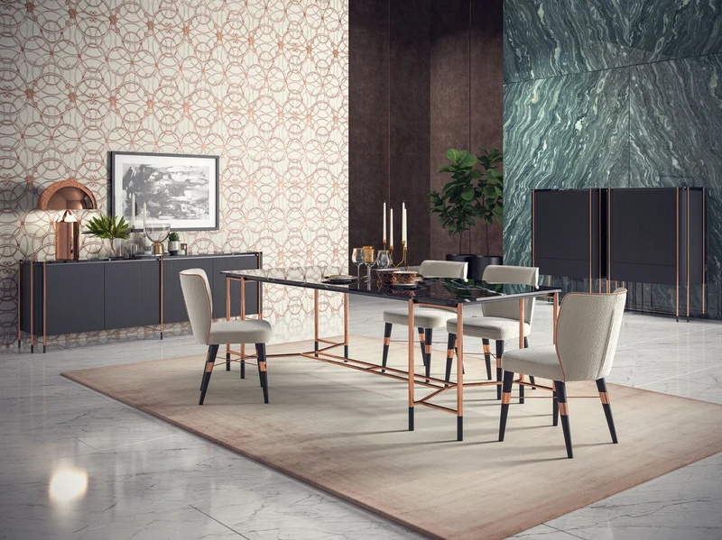 Casa Padrino Luxus Esszimmer Möbel Set Weiß / Schwarz / Kupfer - 1 Luxus Esstisch mit Marmorplatte & 8 Luxus Esszimmerstühle - Esszimmer Möbel - Restaurant Möbel - Luxus Möbel