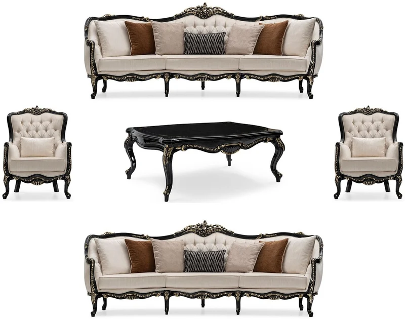 Casa Padrino Luxus Barock Wohnzimmer Set Creme / Schwarz / Gold - 2 Sofas & 2 Sessel & 1 Couchtisch - Handgefertigte Wohnzimmer Möbel im Barockstil - Edel & Prunkvoll