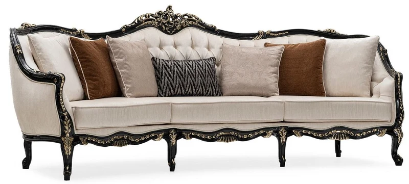 Casa Padrino Luxus Barock Wohnzimmer Set Creme / Schwarz / Gold - 2 Sofas & 2 Sessel & 1 Couchtisch - Handgefertigte Wohnzimmer Möbel im Barockstil - Edel & Prunkvoll