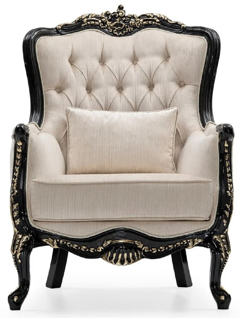 Casa Padrino Luxus Barock Wohnzimmer Set Creme / Schwarz / Gold - 2 Sofas & 2 Sessel & 1 Couchtisch - Handgefertigte Wohnzimmer Möbel im Barockstil - Edel & Prunkvoll
