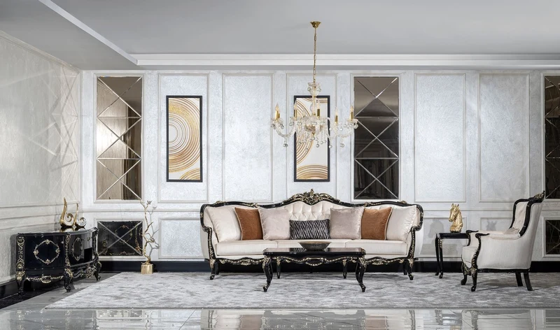 Casa Padrino Luxus Barock Wohnzimmer Set Creme / Schwarz / Gold - 2 Sofas & 2 Sessel & 1 Couchtisch - Handgefertigte Wohnzimmer Möbel im Barockstil - Edel & Prunkvoll