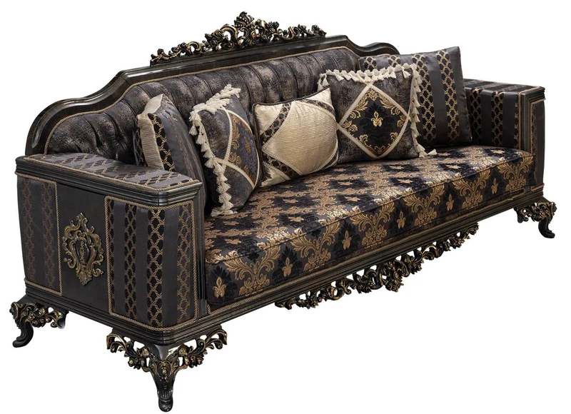 Casa Padrino Luxus Barock Sofa Lila / Grau / Gold - Barockstil Wohnzimmer Sofa mit elegantem Muster - Luxus Wohnzimmer Möbel im Barockstil - Barock Möbel - Barock Einrichtung