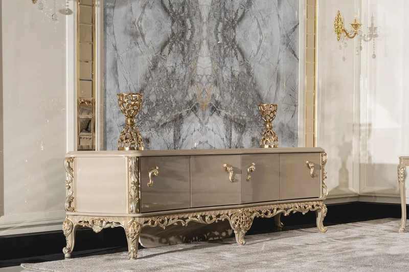 Casa Padrino Luxus Barock TV Schrank Grau / Gold - Prunkvolles Massivholz Sideboard mit 4 Türen - Wohnzimmer Möbel im Barockstil - Barock Möbel - Edel & Prunkvoll