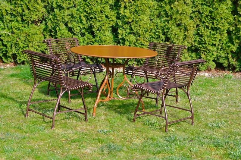 Casa Padrino Jugendstil Schmiedeeisen Garten Möbel Set Braun / Dunkelbraun - 1 Runder Garten Tisch & 4 Garten Stühle mit Armlehnen - Nostalgische Garten Möbel - Barock & Jugendstil Garten Möbel