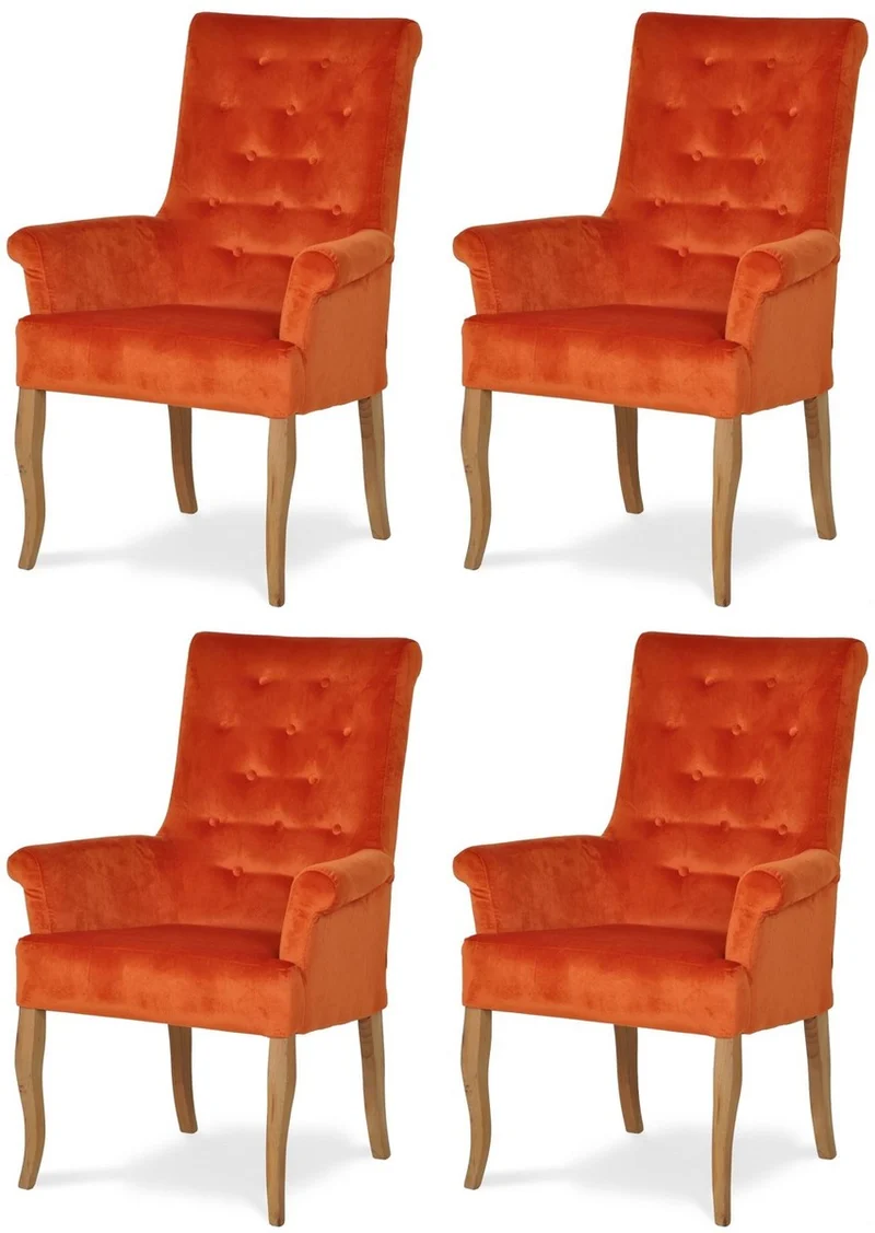 Casa Padrino Chesterfield Neo Barock Esszimmer Stuhl 4er Set Orange / Naturfarben - Küchenstühle mit Armlehnen - Esszimmer Möbel - Chesterfield Möbel - Neo Barock Möbel