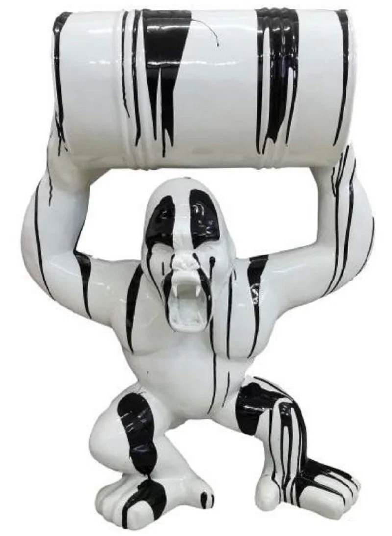 Casa Padrino Luxus Designer Deko Skulptur Gorilla Affe mit Fass Weiß / Schwarz H. 100 cm - Große XXL Deko Skulptur - XXL Deko Figur - XXL Tierfigur - Luxus Deko XXL Figuren