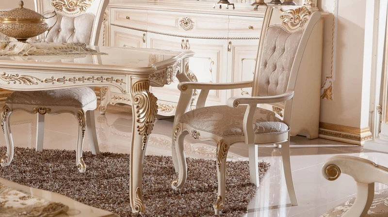 Casa Padrino Luxus Barock Esszimmer Set Grau / Weiß / Beige / Gold - 1 Barock Esstisch & 6 Barock Esszimmerstühle - Luxus Esszimmer Möbel im Barockstil - Prunkvolle Barock Esszimmer Möbel