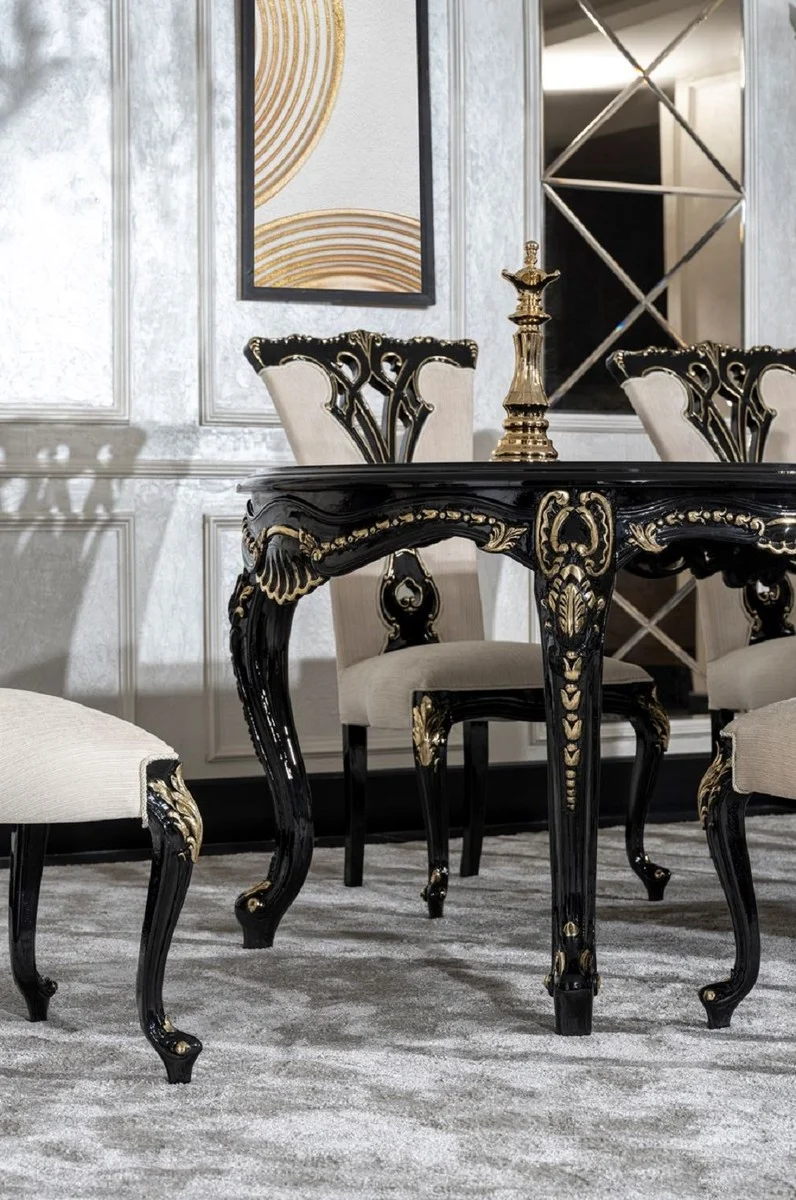Casa Padrino Luxus Barock Esszimmer Stuhl 8er Set Creme / Schwarz / Gold - Prunkvolle Barockstil Küchen Stühle - Luxus Esszimmer Möbel im Barockstil - Barock Esszimmer Möbel - Barockstil Möbel