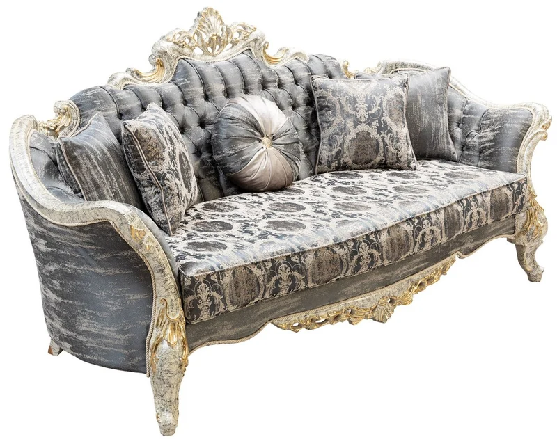 Casa Padrino Luxus Barock Sofa Grau / Antik Weiß / Gold - Barockstil Wohnzimmer Sofa mit elegantem Muster - Luxus Wohnzimmer Möbel im Barockstil - Barock Möbel - Barock Einrichtung