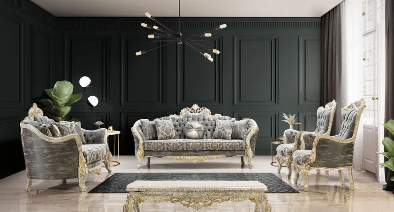 Casa Padrino Luxus Barock Sofa Grau / Antik Weiß / Gold - Barockstil Wohnzimmer Sofa mit elegantem Muster - Luxus Wohnzimmer Möbel im Barockstil - Barock Möbel - Barock Einrichtung