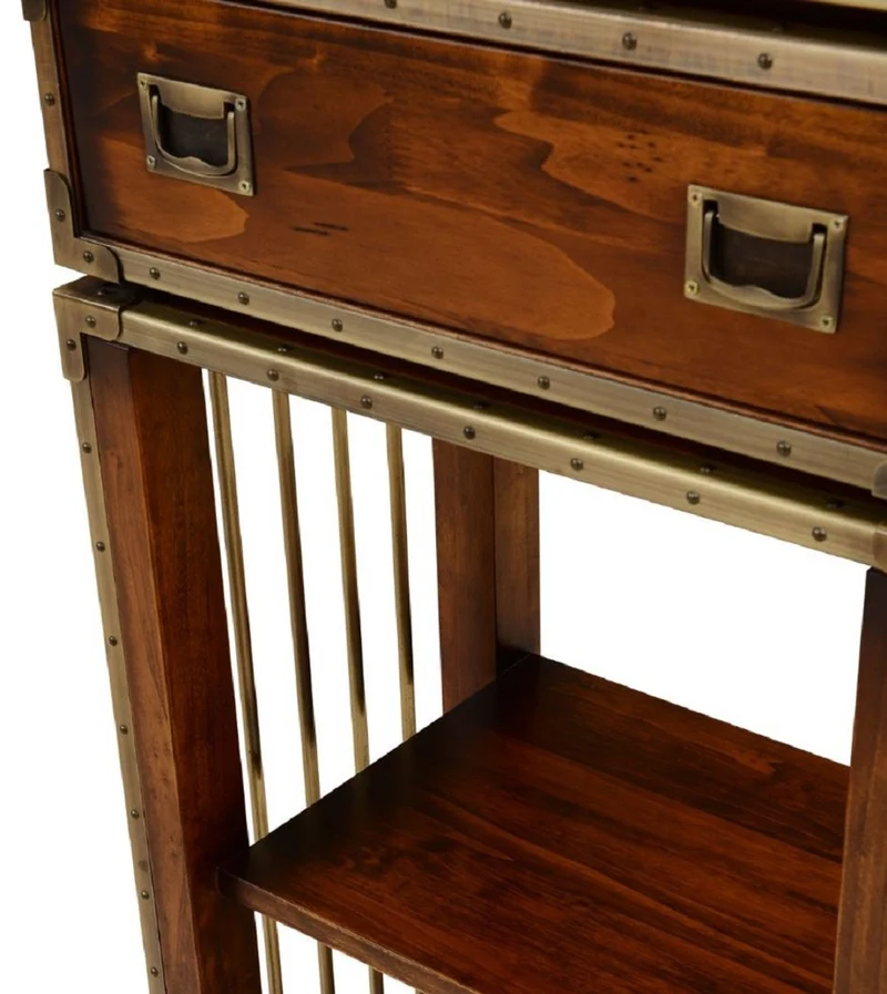 Casa Padrino Luxus Vintage Stil Regalschrank Braun / Messing 52,5 x 35 x H. 200,5 cm - Vintage Stil Bücherschrank mit 2 Schubladen - Luxus Wohnzimmer Massivholz Möbel im Vintage Stil