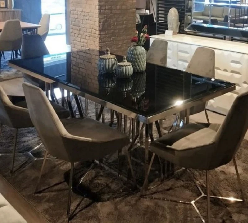 Casa Padrino Luxus Esstisch Silber / Schwarz 200 x 100 x H. 77 cm - Rechteckiger Edelstahl Küchentisch mit Glasplatte - Esszimmer Möbel - Luxus Möbel - Luxus Einrichtung