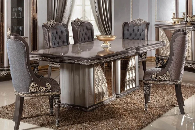 Casa Padrino Luxus Barock Esszimmer Set Blau / Grau / Dunkelbraun / Gold - 1 Barock Esstisch & 6 Barock Esszimmerstühle - Luxus Esszimmer Möbel im Barockstil - Barock Möbel - Edel & Prunkvoll