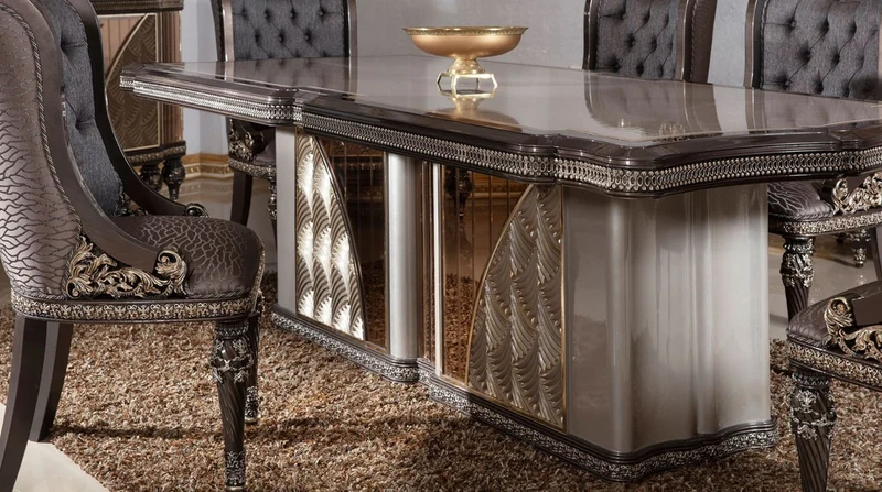 Casa Padrino Luxus Barock Esszimmer Set Blau / Grau / Dunkelbraun / Gold - 1 Barock Esstisch & 6 Barock Esszimmerstühle - Luxus Esszimmer Möbel im Barockstil - Barock Möbel - Edel & Prunkvoll