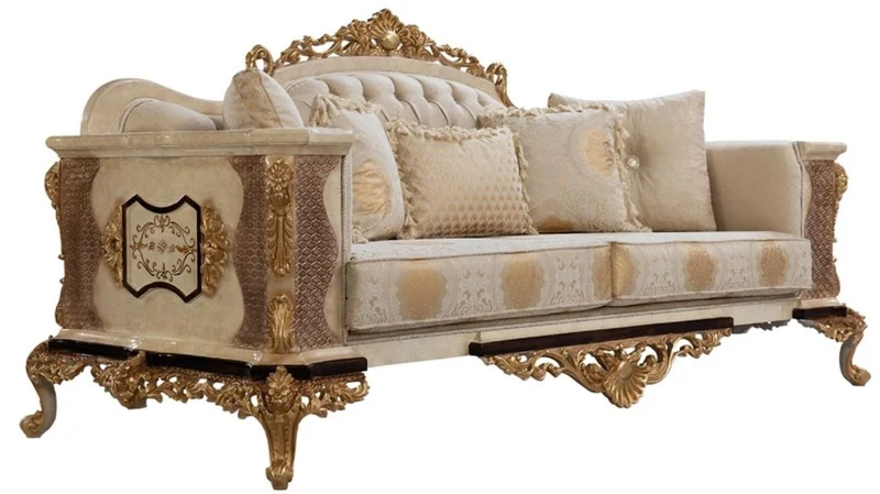 Casa Padrino Luxus Barock Sofa Weiß / Beige / Creme / Schwarz / Gold - Barockstil Wohnzimmer Sofa mit elegantem Muster - Luxus Wohnzimmer Möbel im Barockstil - Barock Möbel - Barock Einrichtung