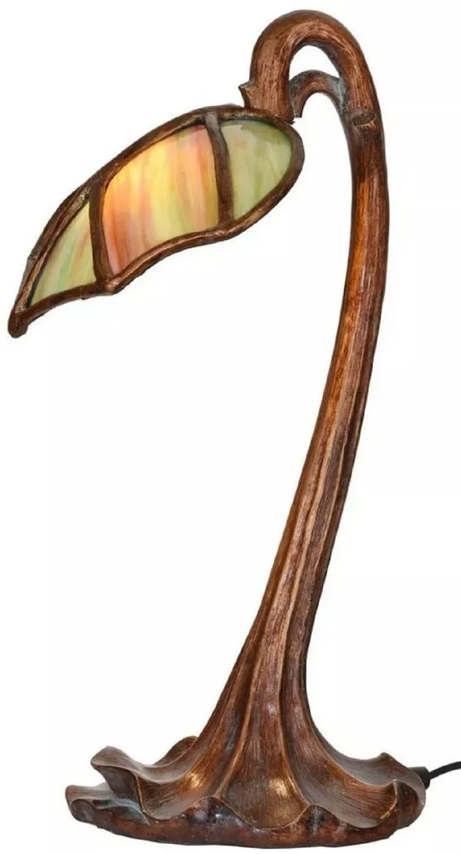 Casa Padrino Luxus Jugendstil Tiffany LED Tischleuchte Bronze / Grün / Rot 19 x 23 x H. 42 cm - Tiffany Schreibtischleuchte - Tiffany Hockerleuchte - Tiffany Leuchten - Luxus Interior - Luxus Leuchten