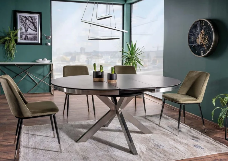 Casa Padrino Designer Esstisch Grau / Silber 120-160 x 120 x H. 76 cm - Ausziehbarer Esszimmertisch mit Glaskeramik Tischplatte und Edelstahl Beinen - Küchen Möbel - Designer Esszimmer Möbel