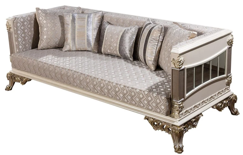 Casa Padrino Luxus Barock Sofa Silber / Weiß / Grau / Gold - Verspiegeltes Barockstil Wohnzimmer Sofa - Luxus Wohnzimmer Möbel im Barockstil - Barock Möbel - Barock Einrichtung