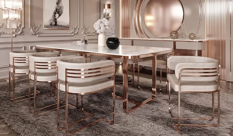 Casa Padrino Luxus Esszimmer Stuhl Set mit Armlehnen Grau / Kupfer 58 x 51 x H. 76 cm - Küchen Stühle 8er Set - Esszimmer Möbel - Restaurant Möbel - Luxus Möbel - Luxus Einrichtung
