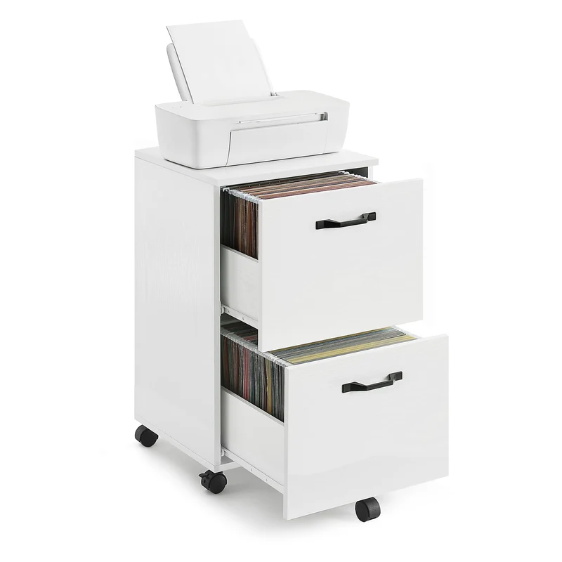 Mobile File Cabinet Modern Style 2 Drawers Rolling Filing Cabinet Wood Storage Shelf White for Home Office Study Room