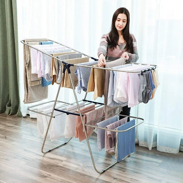 Clothes Drying Rack Foldable with Height-Adjustable Wings 33 Drying Rails Sock Clips Silver and Blue