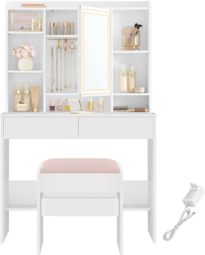 VASAGLE Vanity Desk with Mirror and Lights, Makeup Vanity with Upholstered Vanity Stoo
