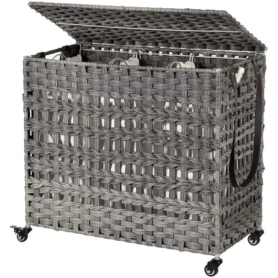 140L Laundry Hamper on Wheels 3 Compartment Laundry Sorter with Lid Clothes Hamper with Handles Wiker Laundry Basket for Laundry Room Gray