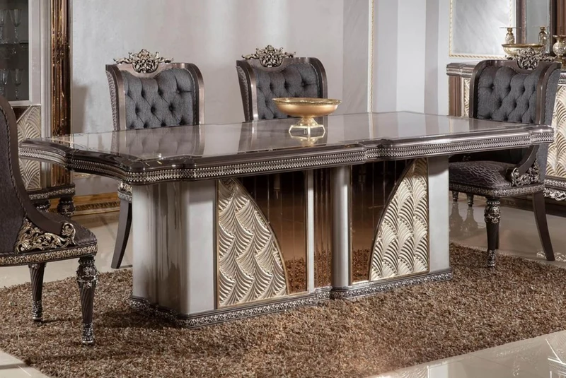 Casa Padrino Luxus Barock Esstisch Grau / Dunkelbraun / Gold - Rechteckiger Barockstil Küchentisch - Luxus Esszimmer Möbel im Barockstil - Barock Esszimmer Möbel - Barock Einrichtung