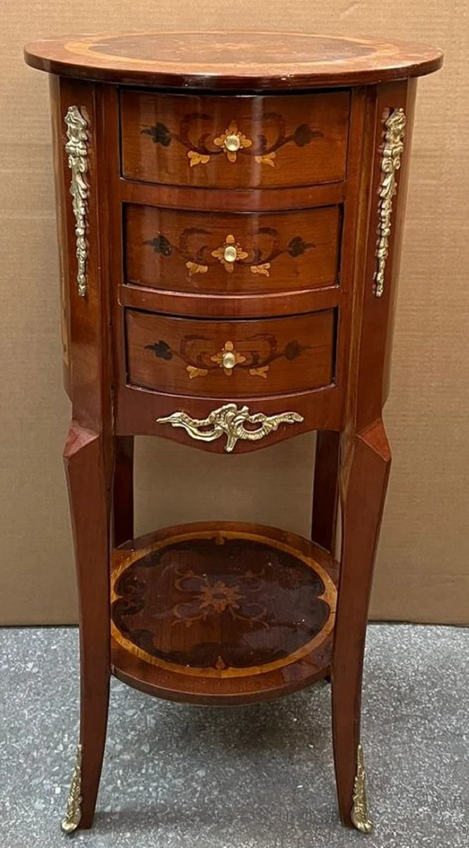 Casa Padrino Barock Nachtkommode Braun Intarsien / Gold - Runde Barockstil Kommode mit 3 Schubladen - Barock Möbel - Schlafzimmer Möbel im Barockstil - Edel & Prunkvoll