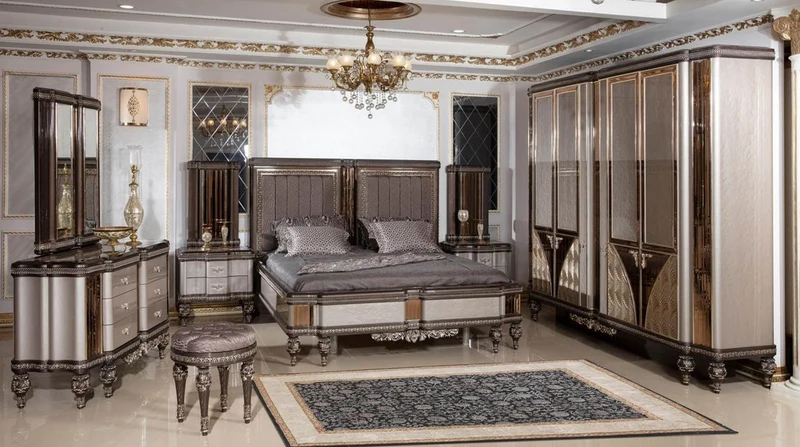 Casa Padrino Luxus Barock Schlafzimmer Set Grau / Dunkelbraun / Gold - 1 Barock Doppelbett mit Kopfteil & 2 Barock Nachtkommoden - Luxus Schlafzimmer Möbel im Barockstil - Barock Interior