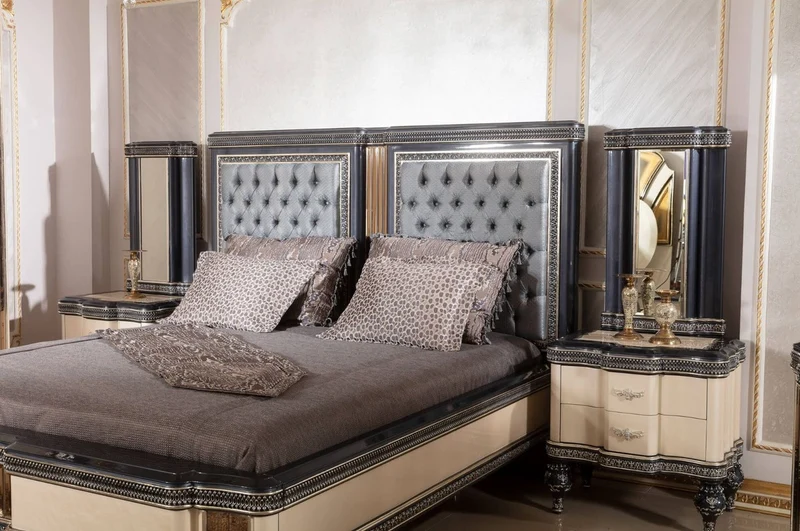 Casa Padrino Luxus Barock Doppelbett Hellblau / Beige / Schwarz / Gold - Prunkvolles Massivholz Bett - Luxus Schlafzimmer Möbel im Barockstil - Barock Schlafzimmer Möbel
