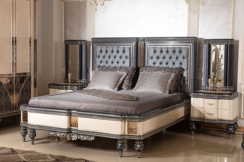 Casa Padrino Luxus Barock Doppelbett Hellblau / Beige / Schwarz / Gold - Prunkvolles Massivholz Bett - Luxus Schlafzimmer Möbel im Barockstil - Barock Schlafzimmer Möbel
