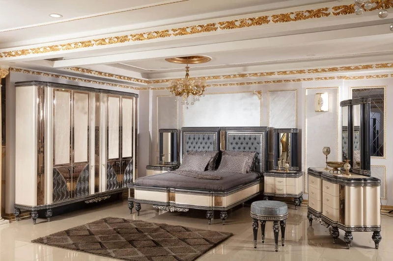 Casa Padrino Luxus Barock Doppelbett Hellblau / Beige / Schwarz / Gold - Prunkvolles Massivholz Bett - Luxus Schlafzimmer Möbel im Barockstil - Barock Schlafzimmer Möbel