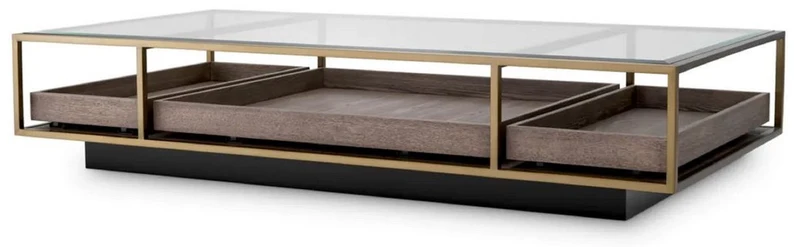Casa Padrino Luxus Couchtisch Messing / Grau / Schwarz 180 x 90 x H. 37 cm - Rechteckiger Wohnzimmertisch mit Glasplatte - Hotel Tisch - Wohnzimmer Möbel - Hotel Möbel - Luxus Möbel