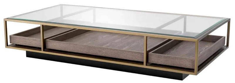 Casa Padrino Luxus Couchtisch Messing / Grau / Schwarz 180 x 90 x H. 37 cm - Rechteckiger Wohnzimmertisch mit Glasplatte - Hotel Tisch - Wohnzimmer Möbel - Hotel Möbel - Luxus Möbel