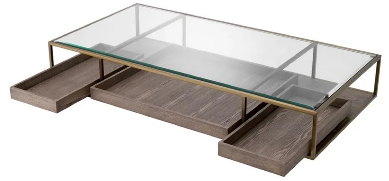 Casa Padrino Luxus Couchtisch Messing / Grau / Schwarz 180 x 90 x H. 37 cm - Rechteckiger Wohnzimmertisch mit Glasplatte - Hotel Tisch - Wohnzimmer Möbel - Hotel Möbel - Luxus Möbel