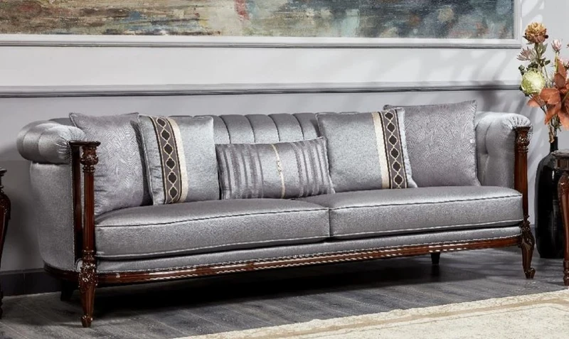 Casa Padrino Luxus Barock Sofa Silber / Dunkelbraun - Prunkvolles Wohnzimmer Sofa - Barockstil Wohnzimmer Möbel - Luxus Möbel im Barockstil - Barock Einrichtung - Edel & Prunkvoll