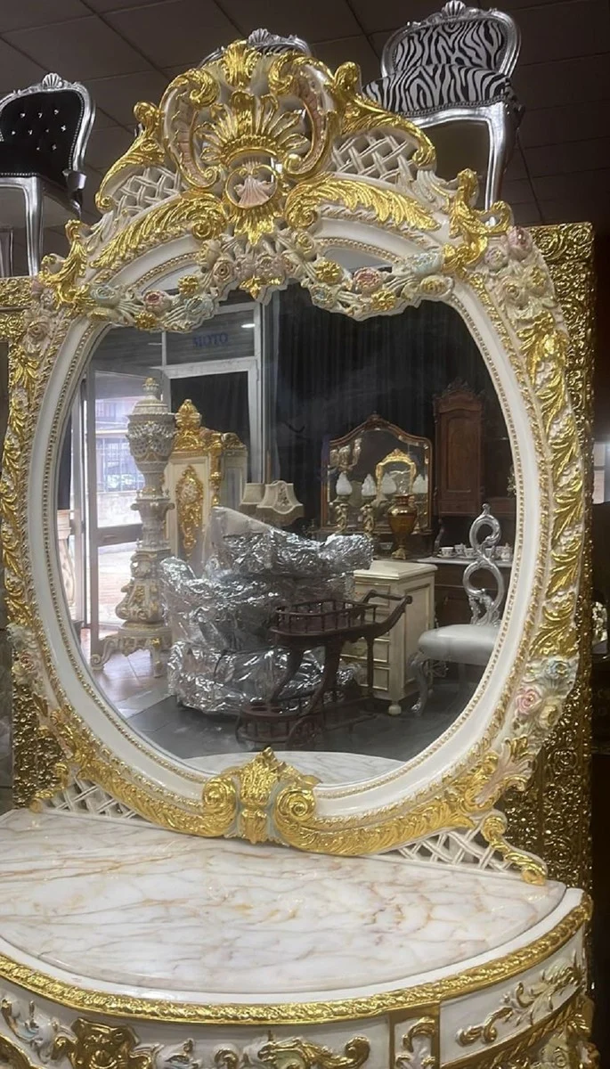 Casa Padrino Barock Spiegelkonsole mit Marmorplatte Weiß / Mehrfarbig / Gold - Prunkvolle Barock Konsole mit Spiegel - Garderoben Möbel Barockstil - Barock Möbel - Antik Stil Möbel