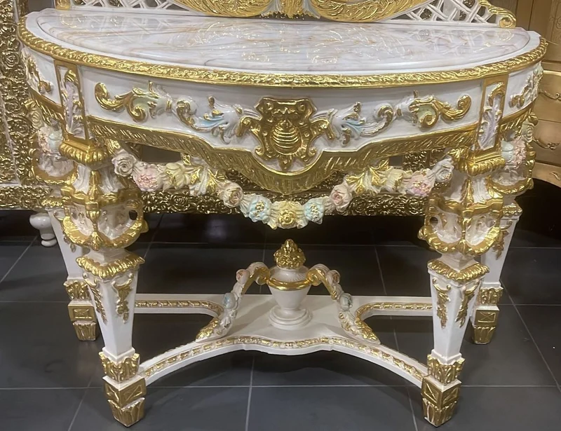 Casa Padrino Barock Spiegelkonsole mit Marmorplatte Weiß / Mehrfarbig / Gold - Prunkvolle Barock Konsole mit Spiegel - Garderoben Möbel Barockstil - Barock Möbel - Antik Stil Möbel