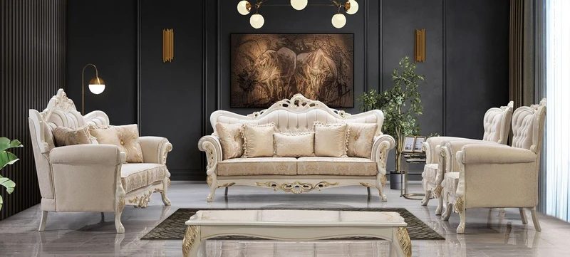 Casa Padrino Luxus Barock Wohnzimmer Set Weiß / Gold - 2 Barock Sofas & 2 Barock Sessel & 1 Barock Couchtisch - Luxus Wohnzimmer Möbel im Barockstil - Barock Möbel - Edel & Prunkvoll