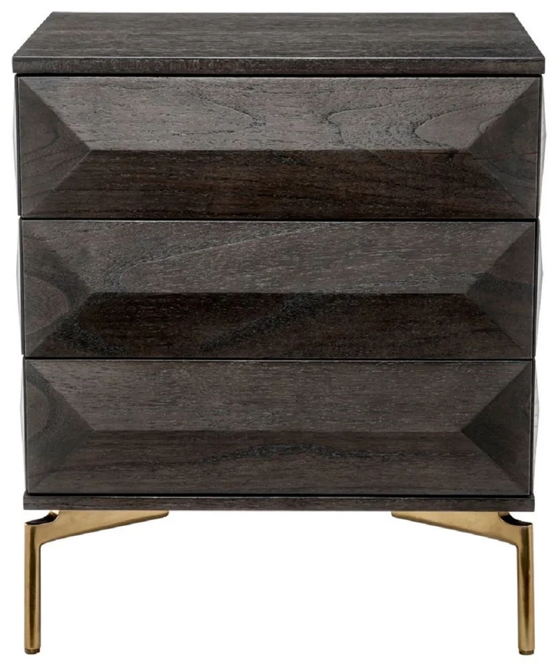 Casa Padrino Luxus Nachttisch Mokka / Messing 64 x 48 x H. 72 cm - Massivholz Beistelltisch mit 3 Schubladen - Schlafzimmer Möbel - Luxus Möbel - Luxus Einrichtung - Möbel Luxus