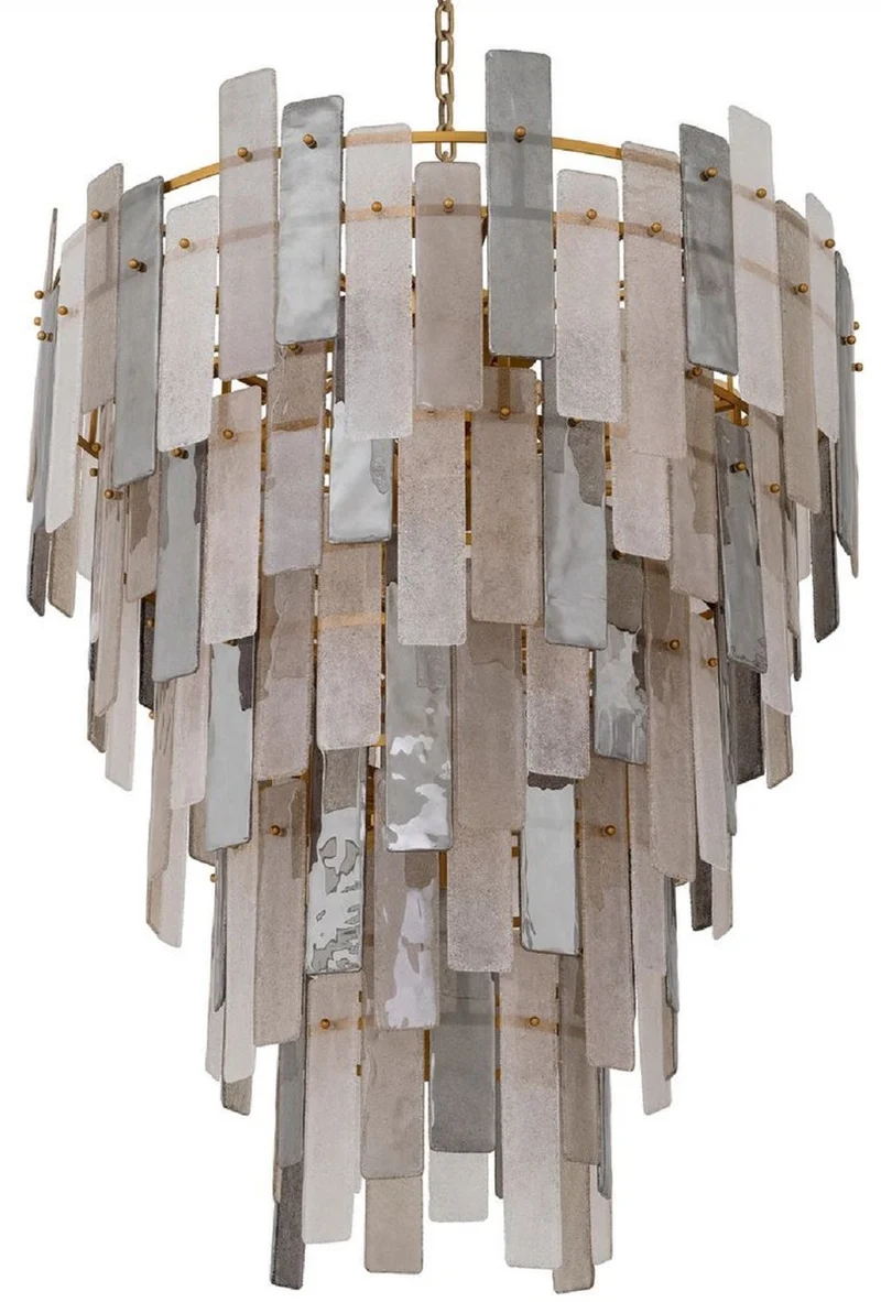 Casa Padrino Luxus Kronleuchter Grau / Antik Messing Ø 114 x H. 141 cm - Runder Glas Kronleuchter - Wohnzimmer Kronleuchter - Hotel Kronleuchter - Luxus Möbel - Luxus Interior
